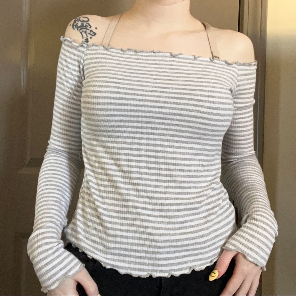 Gray and white striped off-the-shoulder top